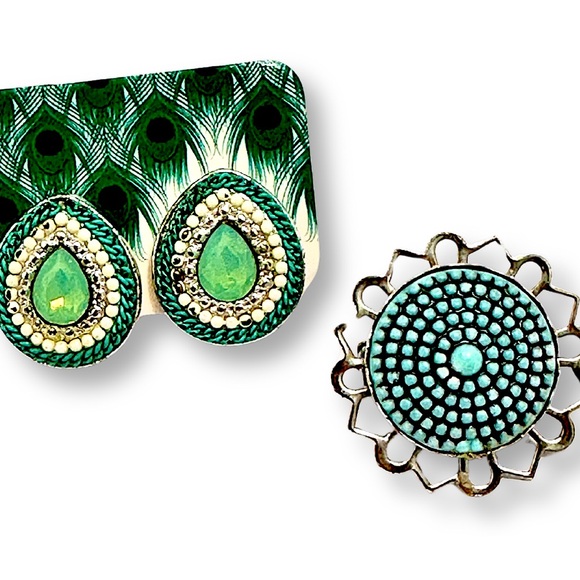 Vintage Jewelry - BROOCH AND TEARDROP EARRING 2 piece Set Teal Green, White and Silver Tone Pin